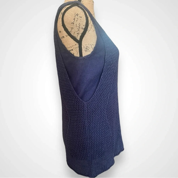 DONNA‎ KARAN Women's Navy Blue Sleeveless Crochet and Knit Top Small | NWT - Picture 2 of 8